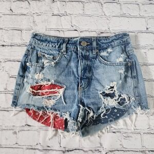 Women's Garage Distressed Denim Shorts Bandana Size 01 High Waist Button Fly